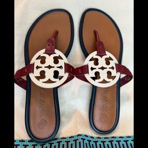 Tory Burch Cream Maroon Miller Sandals Sz. 7.5 New